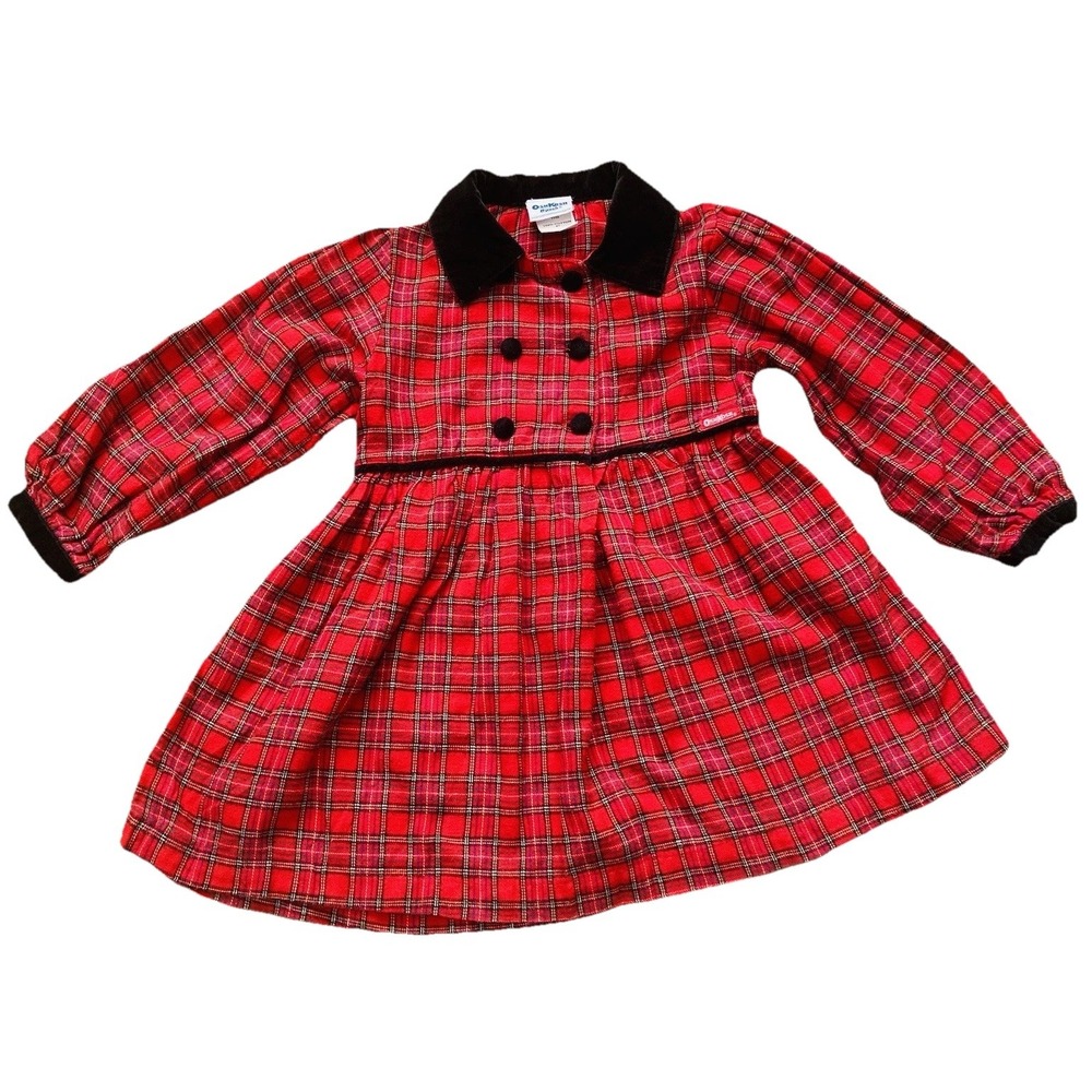 Vintage OshKosh Plaid Dress Size 4T Red Long Sleeve Velvet Cotton Holiday Santa